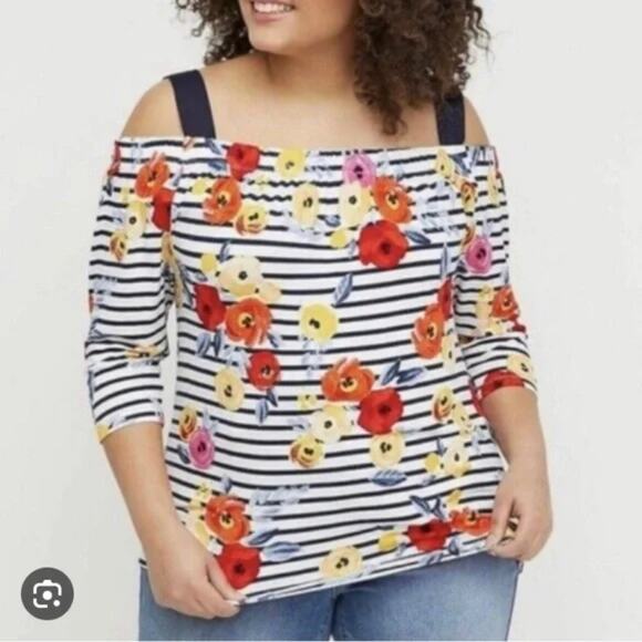 Lane Bryant Striped Floral Cold Shoulder Top Multicolor Casual Blouse Size 22/24 - Picture 9 of 9